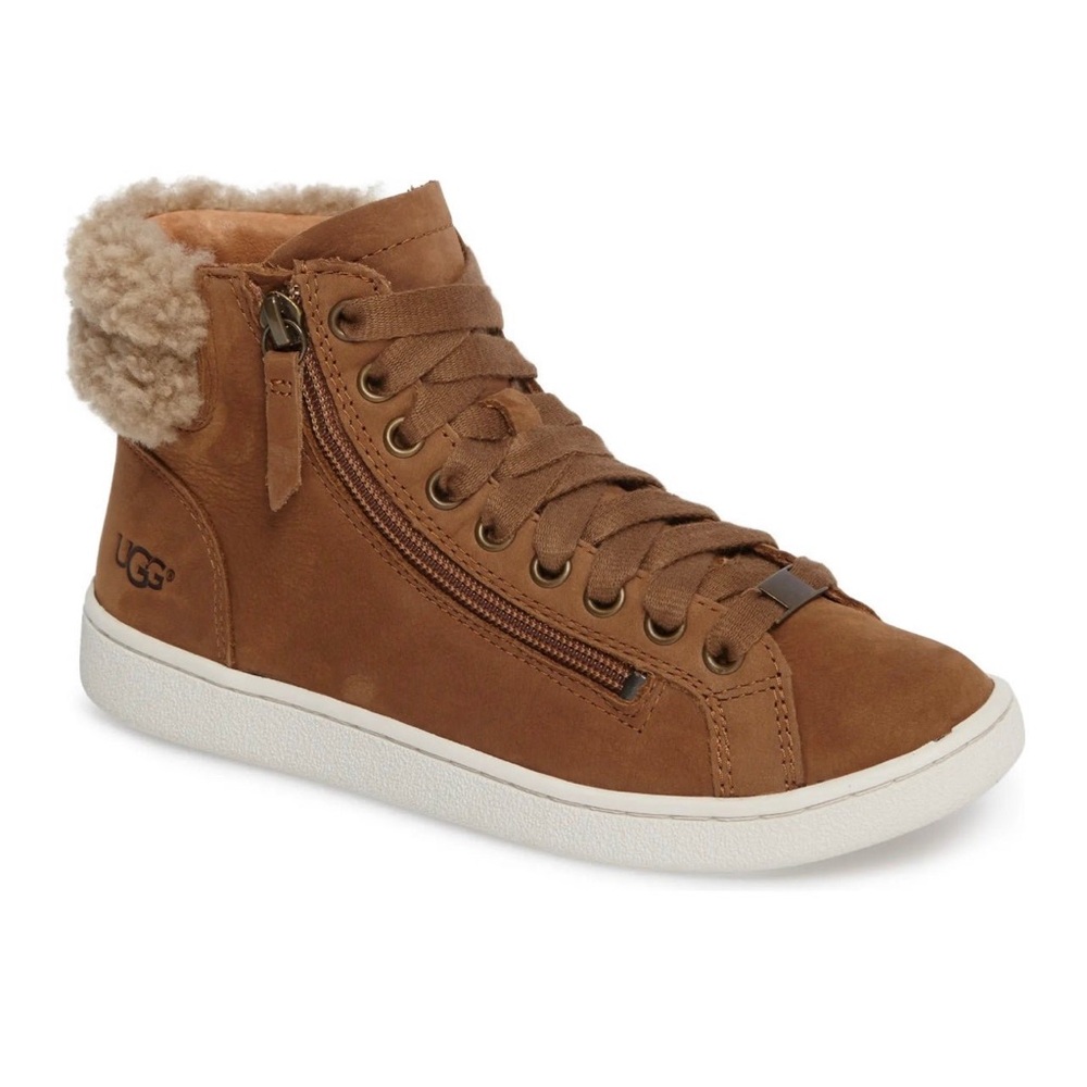 UGG Olive Genuine Shearling Cuff Sneaker Chestnut Nubuck Leather Size 6